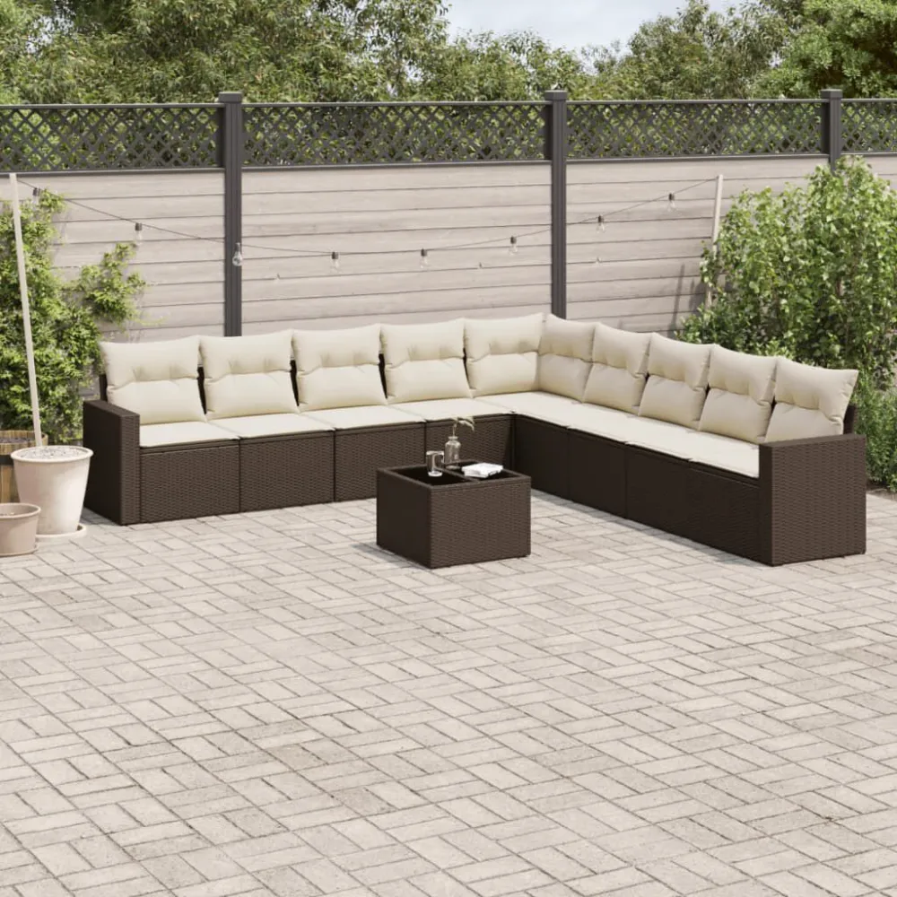 10 pcs conj. sofás jardim com almofadões vime PE castanho | Montagem Fácil e Rápida