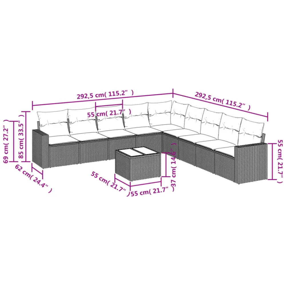 10 pcs conj. sofás jardim com almofadões vime PE castanho | Montagem Fácil e Rápida