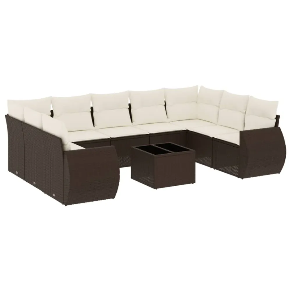 10 pcs conj. sofás jardim com almofadões vime PE castanho | Montagem Fácil e Rápida