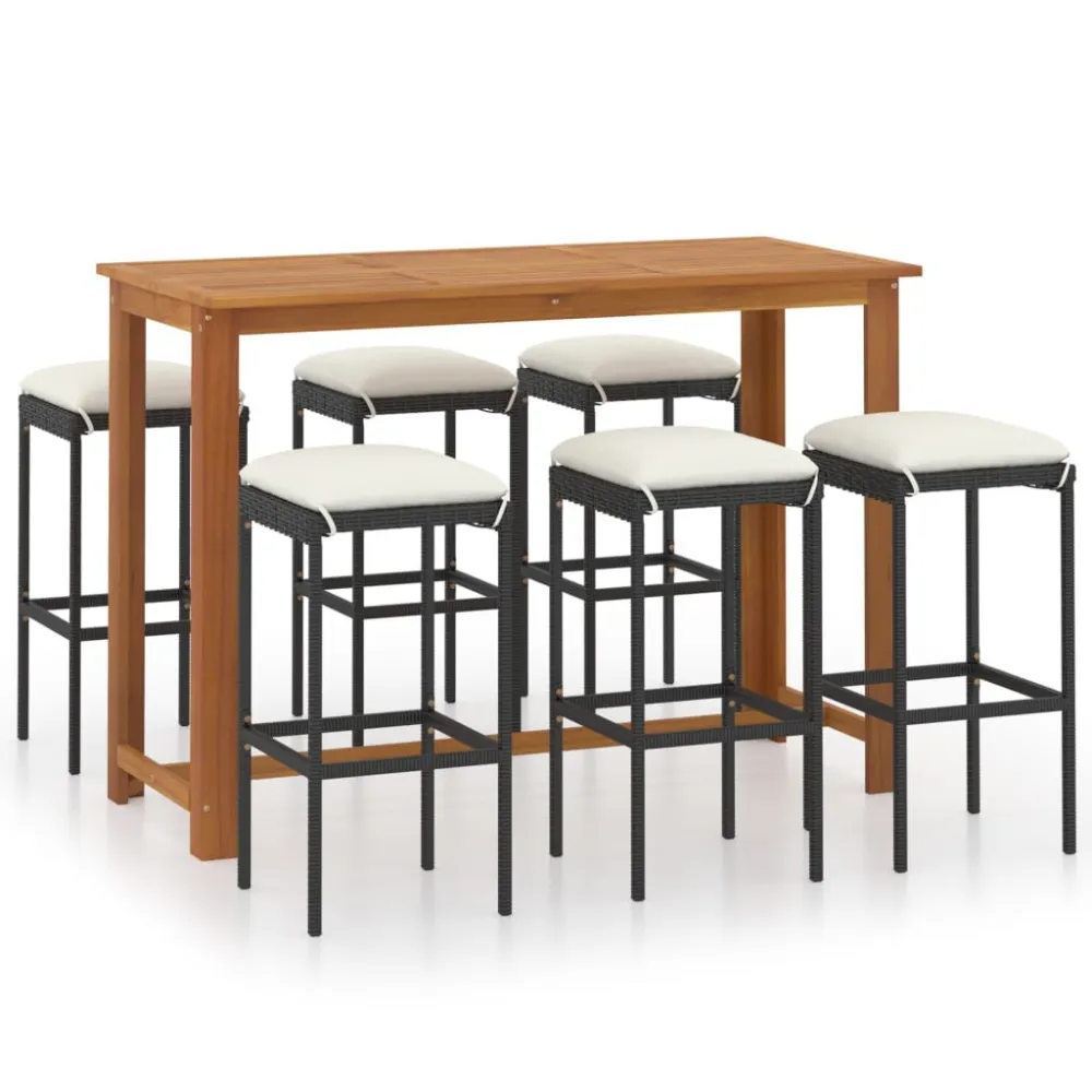 7 pcs conjunto de bar para jardim com almofadões preto com Revestimento em Textilene