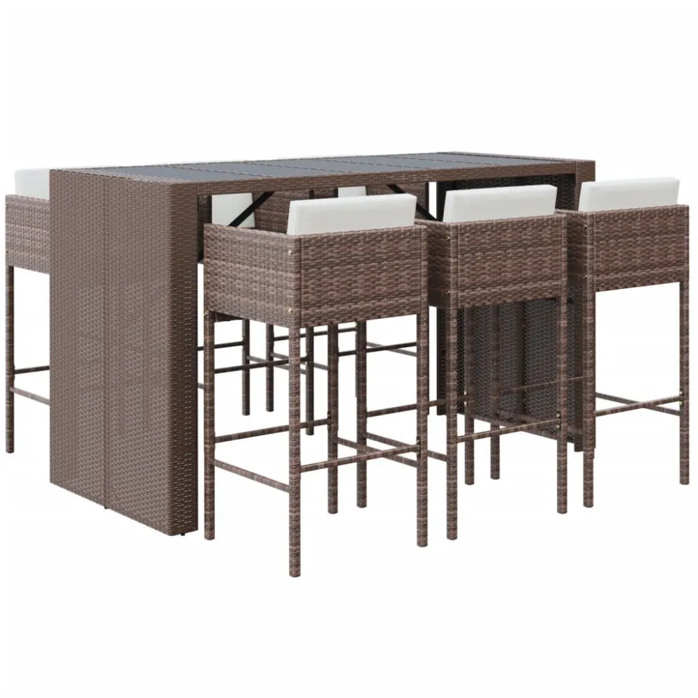 7 pcs conjunto de bar para jardim com almofadões vime PE castanho Dobrável e Portátil