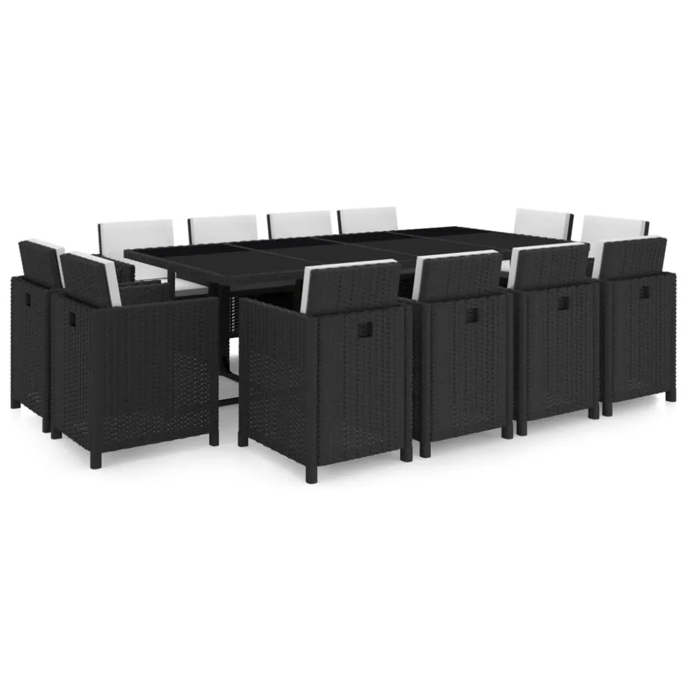 13 pcs conjunto jantar exterior com almofadões vime PE preto | Resistente à Chuva | Confortável