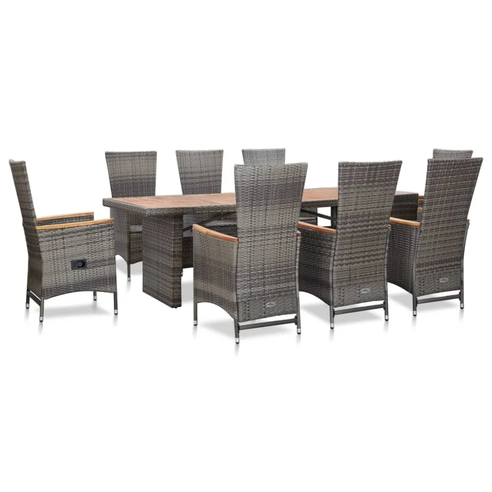 9 pcs conjunto jantar exterior com almofadões vime PE cinzento Fácil de Guardar