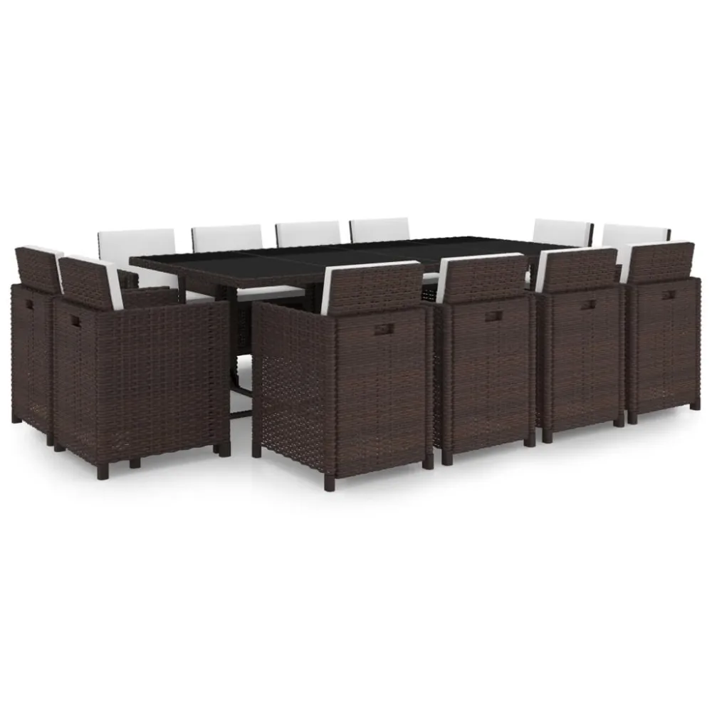 13 pcs conjunto jantar exterior com almofadões vime PE castanho | Montagem Fácil e Rápida
