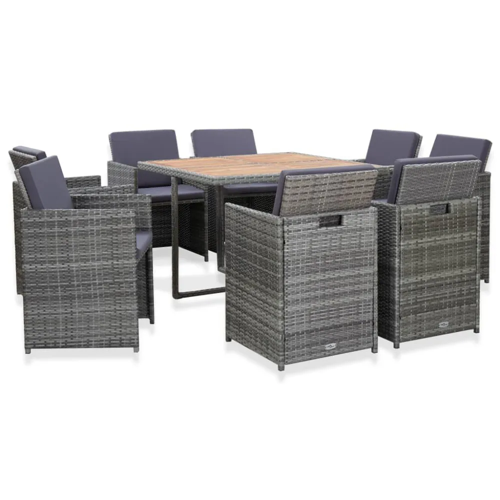9 pcs conjunto jantar exterior com almofadões vime PE antracite para Relaxamento ao Ar Livre