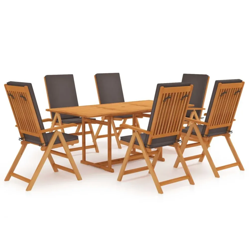 7 pcs conjunto jantar jardim + almofadões cinzentos teca maciç para Piscina e Jardim