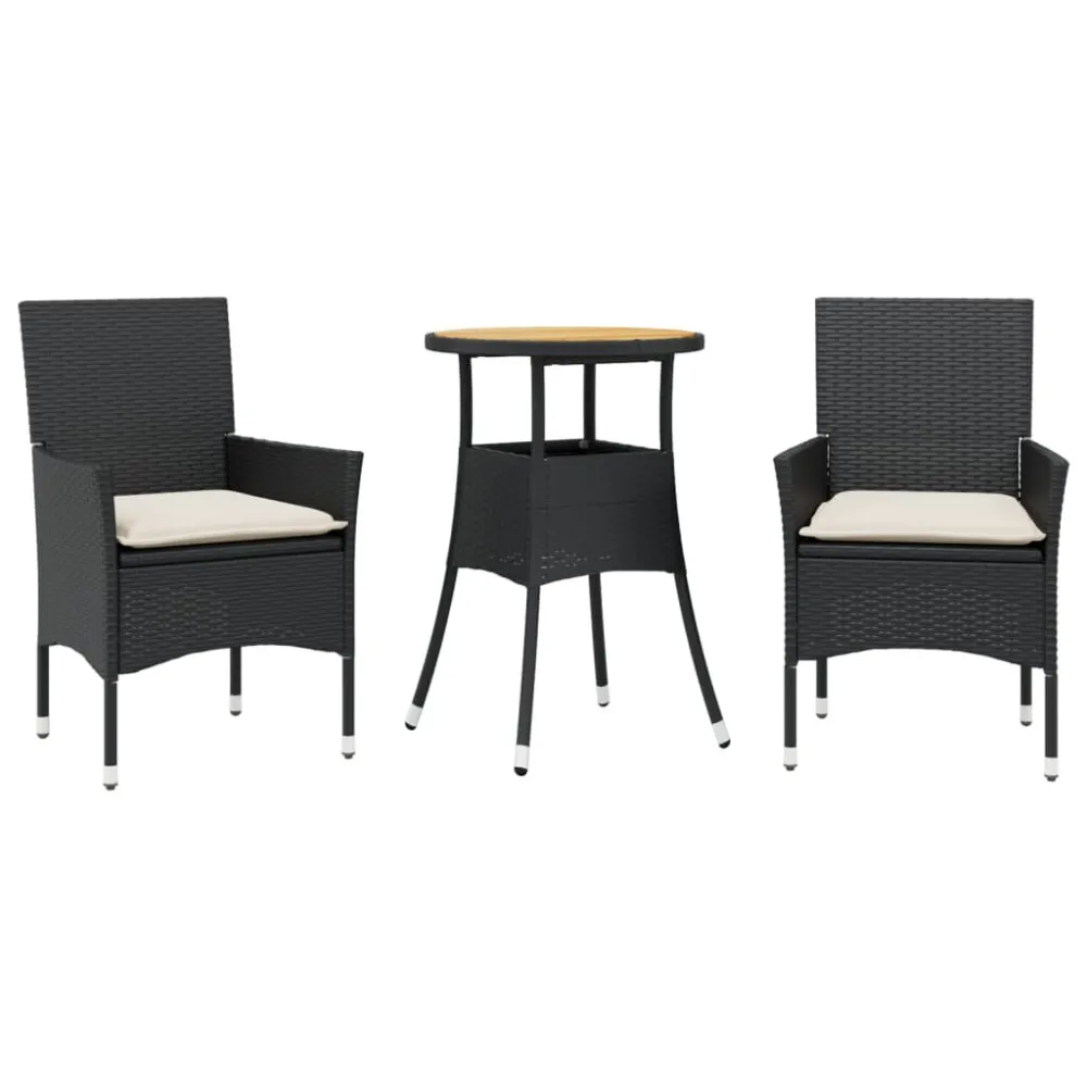 3 pcs conjunto jantar jardim com almofadões vime PE/acácia preto com Encosto Ajustável