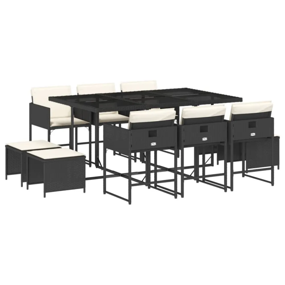 11 pcs conjunto de jantar para jardim com almofadões vime PE preto com Apoio para Bebidas