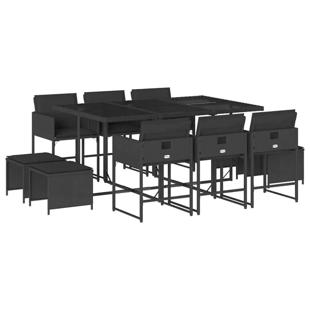 11 pcs conjunto de jantar para jardim com almofadões vime PE preto com Apoio para Bebidas