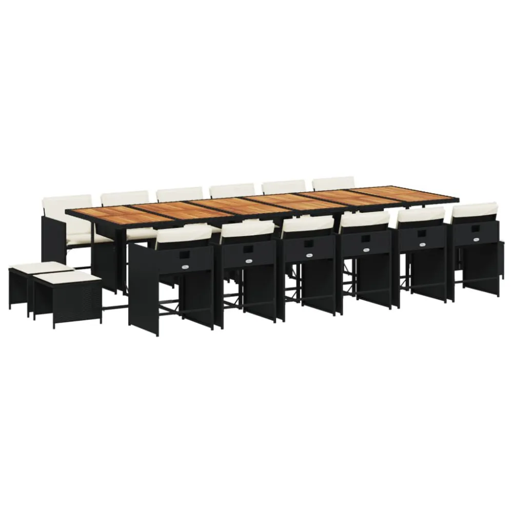 17 pcs conjunto de jantar para jardim com almofadões vime PE preto com Tecido Impermeável UV