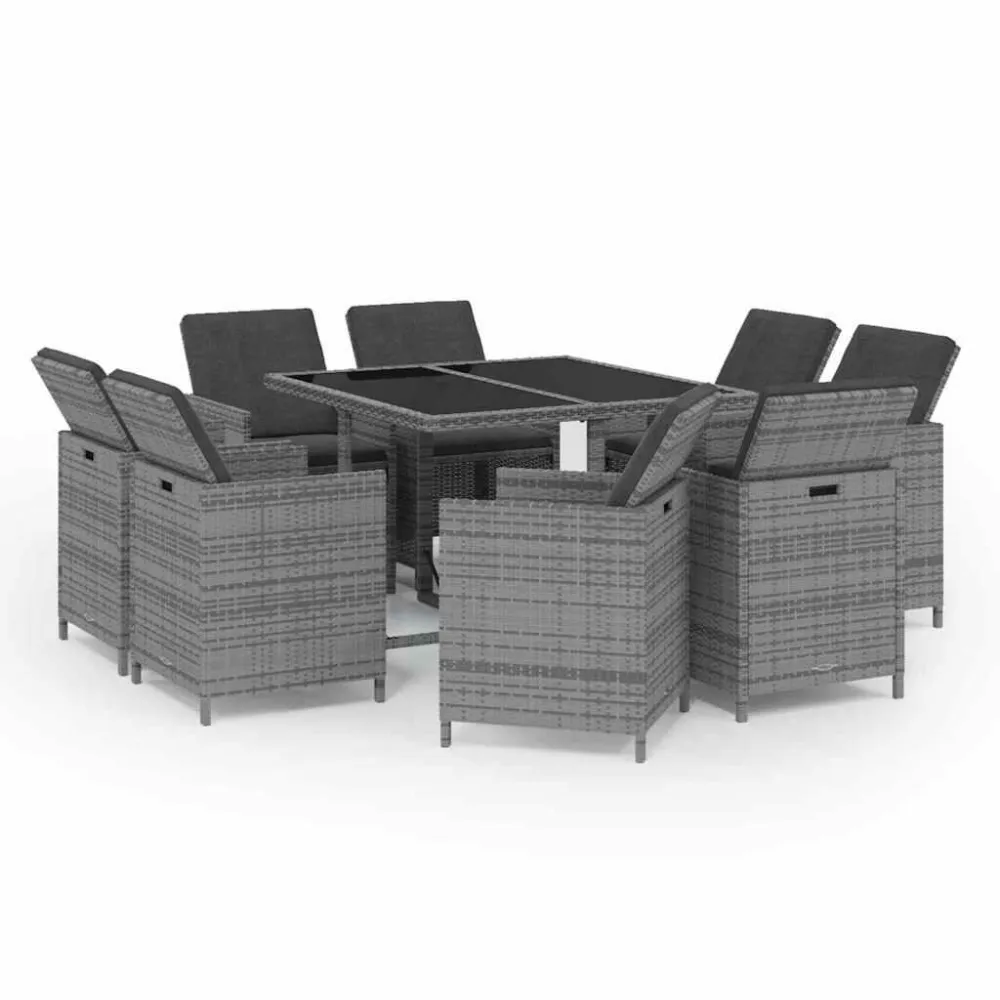 9 pcs conjunto jantar para jardim com almofadões vime PE cinzento | Resistente à Chuva | Confortável