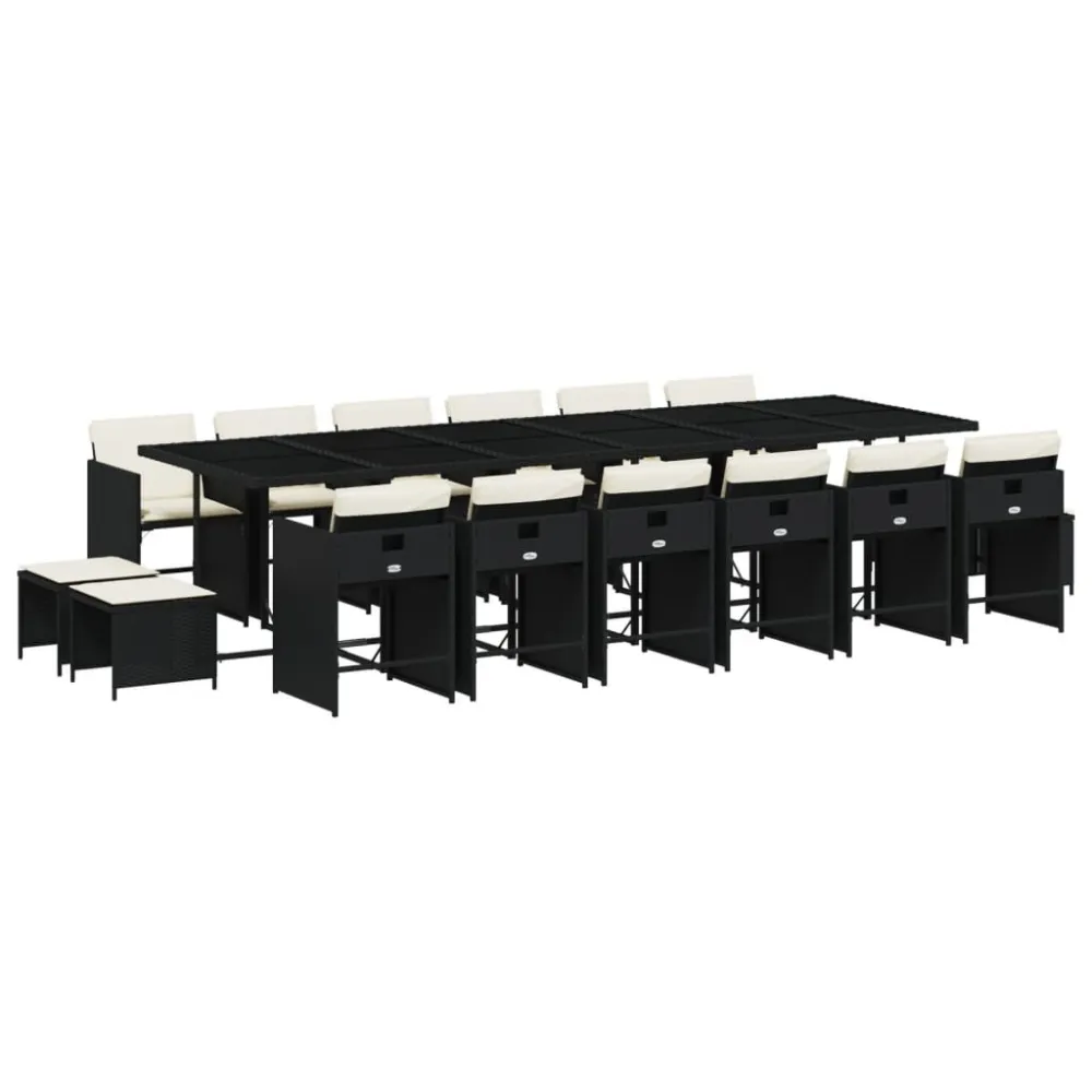 17 pcs conjunto de jantar para jardim com almofadões vime PE preto com Revestimento em Textilene
