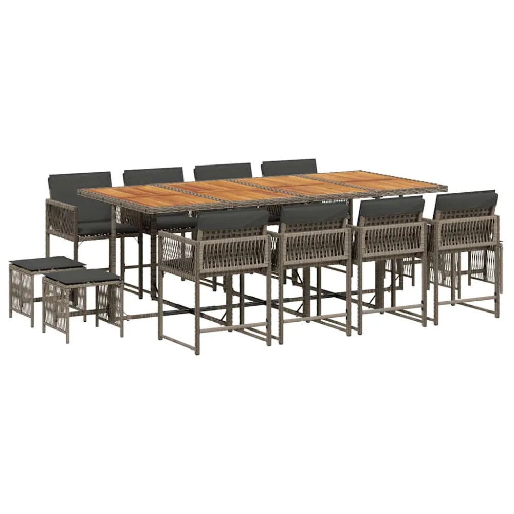13 pcs conjunto jantar para jardim com almofadões vime PE cinzento | Montagem Fácil e Rápida