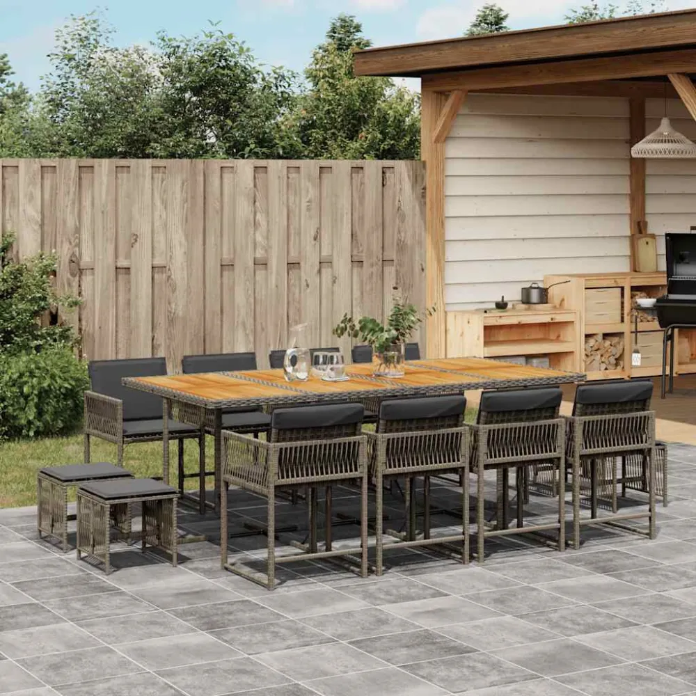 13 pcs conjunto jantar para jardim com almofadões vime PE cinzento | Montagem Fácil e Rápida
