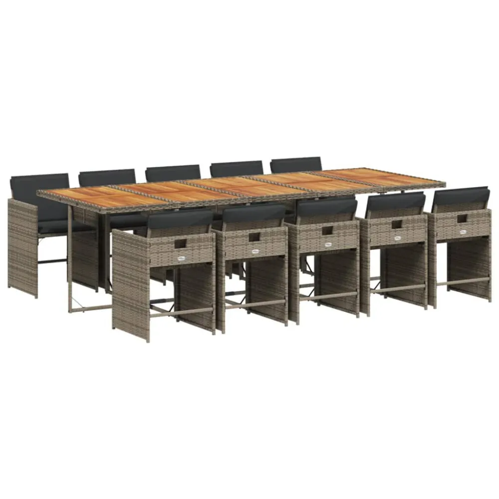 11 pcs conjunto jantar para jardim com almofadões vime PE cinzento para Relaxamento ao Ar Livre