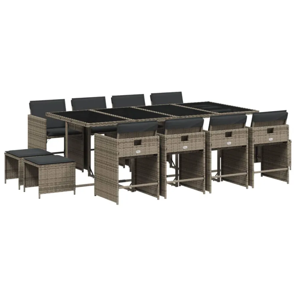 13 pcs conjunto jantar para jardim com almofadões vime PE cinzento para Relaxamento ao Ar Livre