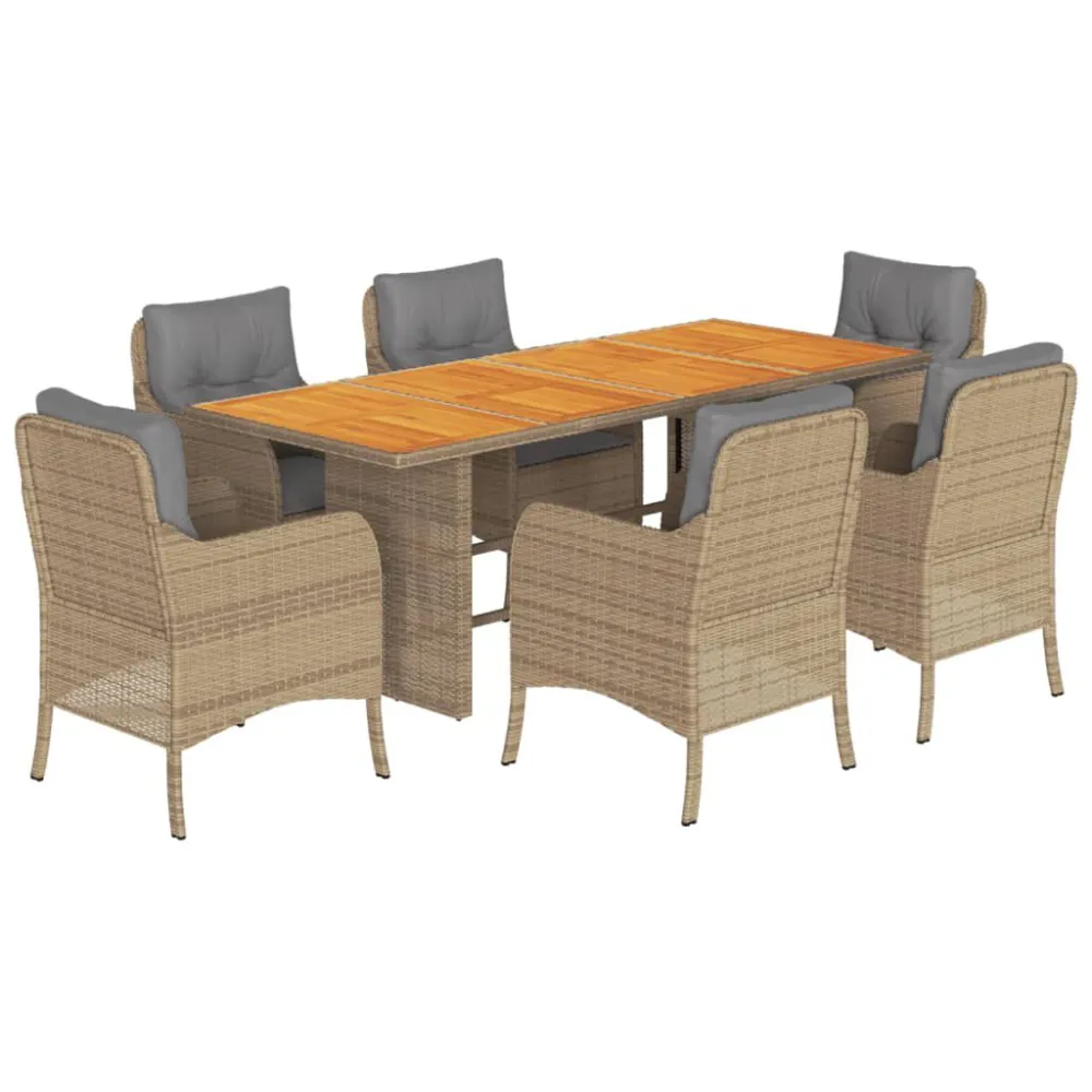 7 pcs conjunto de jantar para jardim com almofadões vime PE bege em Ferro Forjado