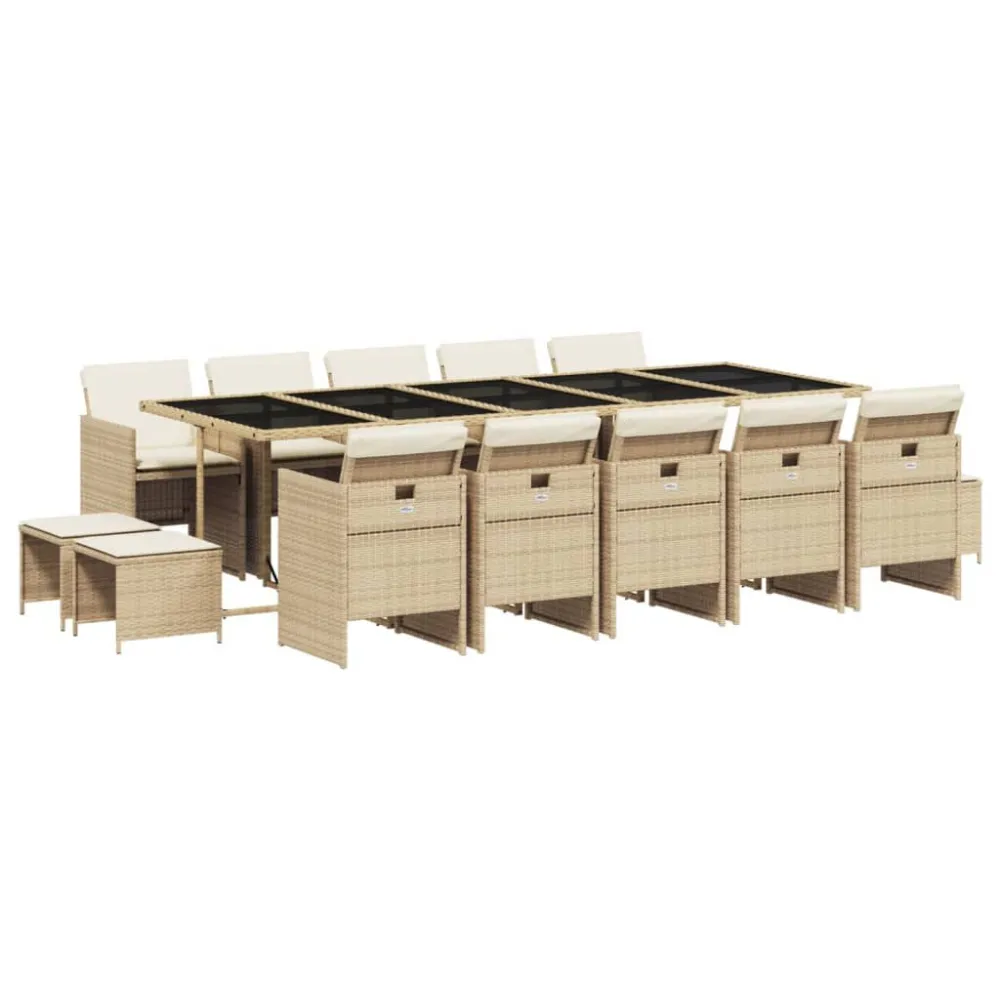 15 pcs conjunto de jantar para jardim com almofadões vime PE bege Dobrável e Portátil