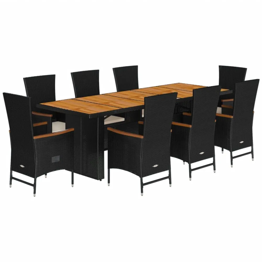 9 pcs conjunto de jantar para jardim com almofadões vime PE preto para Relaxamento ao Ar Livre