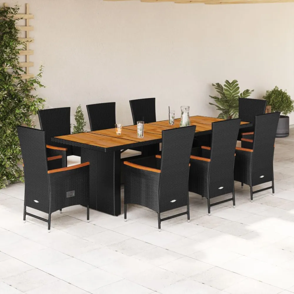 9 pcs conjunto de jantar para jardim com almofadões vime PE preto para Relaxamento ao Ar Livre