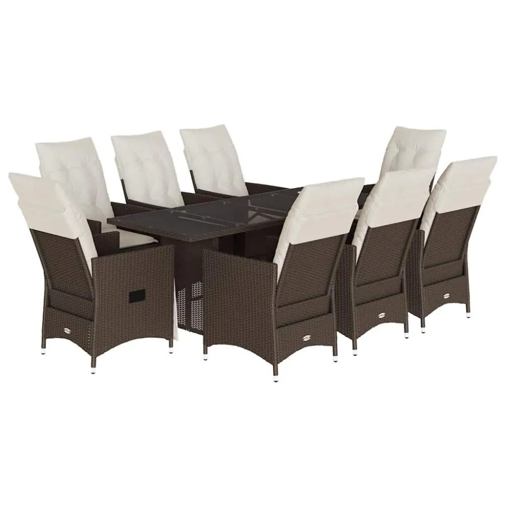 9 pcs conjunto jantar para jardim com almofadões vime PE castanho com Tecido Impermeável UV
