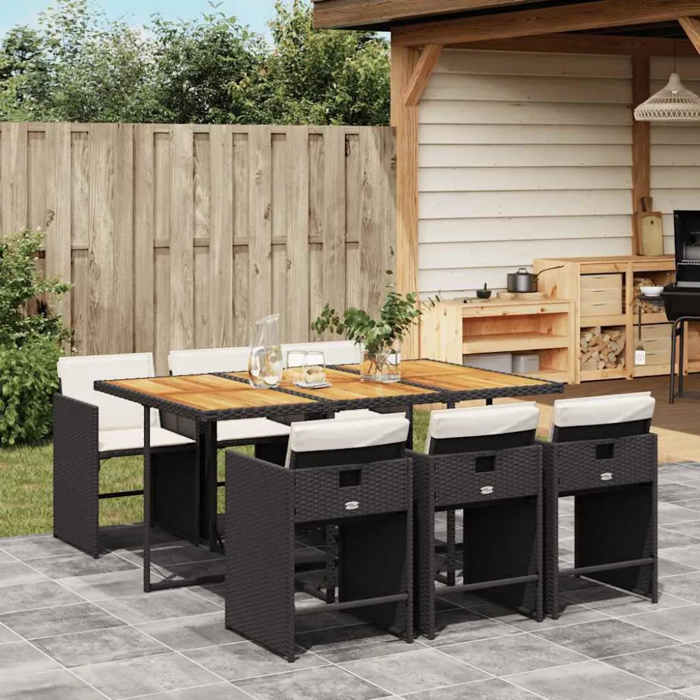 7 pcs conjunto de jantar para jardim com almofadões vime PE preto com Encosto Ajustável