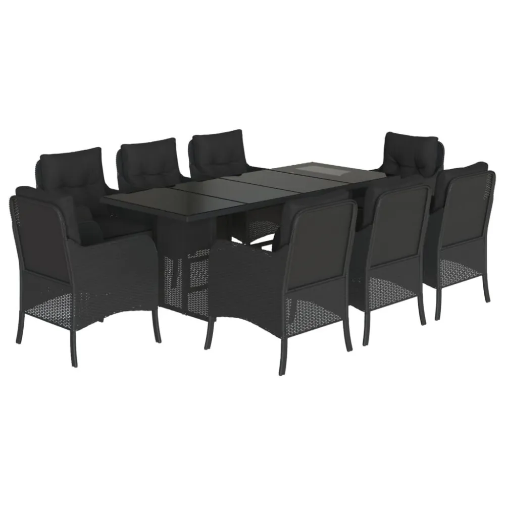 9 pcs conjunto de jantar para jardim com almofadões vime PE preto com Almofada Inclusa