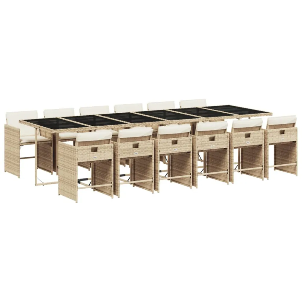 13 pcs conjunto de jantar para jardim com almofadões vime PE bege para Relaxamento ao Ar Livre