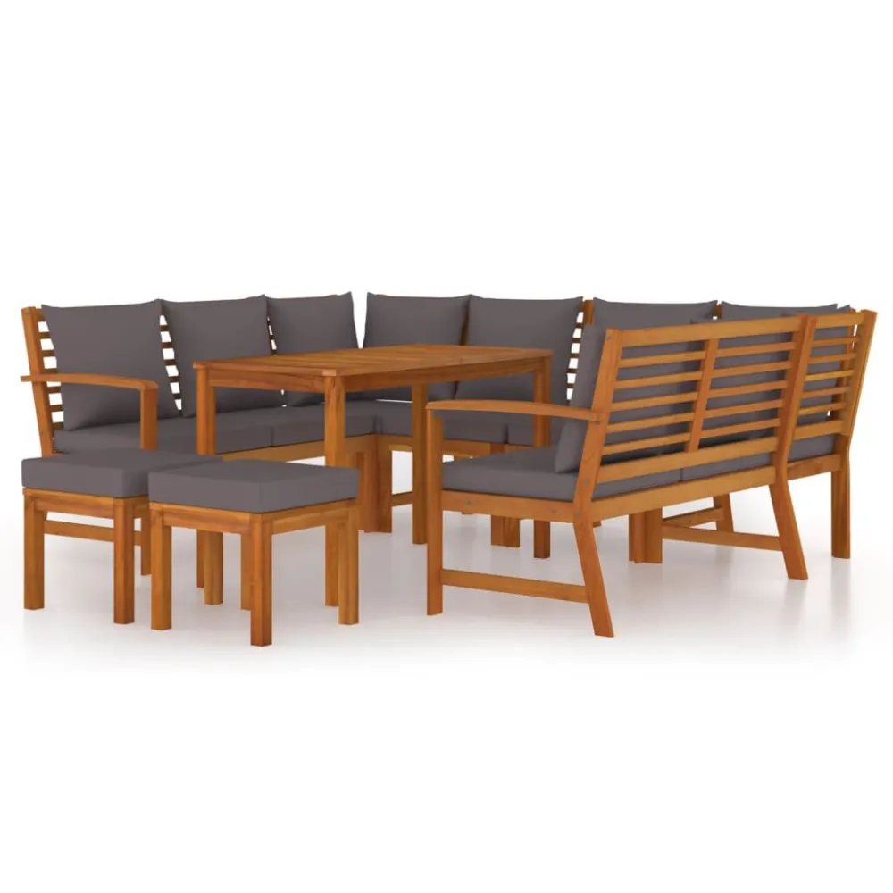 9 pcs conjunto de jantar para jardim com almofadões acácia maciç | Montagem Fácil e Rápida