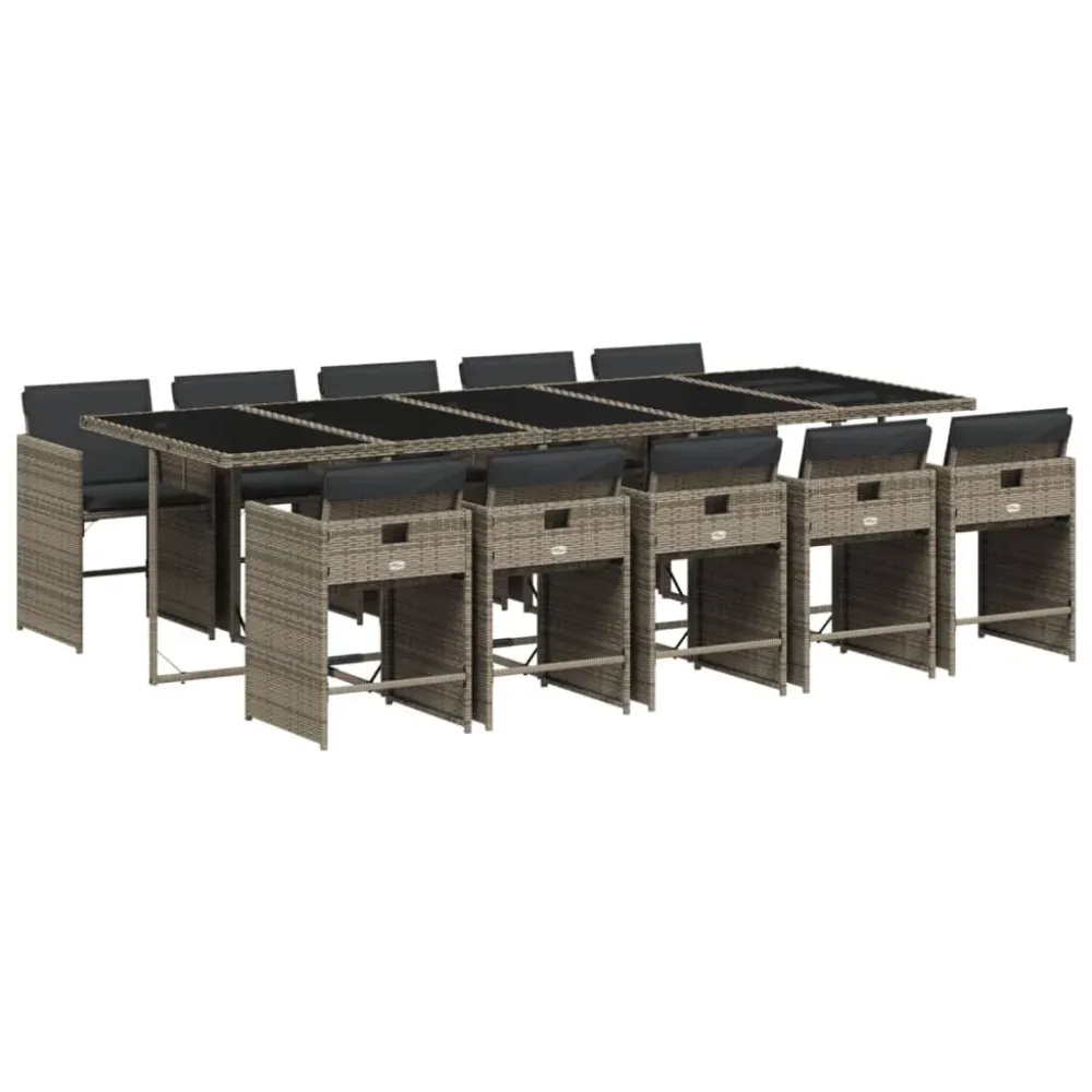 11 pcs conjunto jantar para jardim com almofadões vime PE cinzento Fácil de Guardar