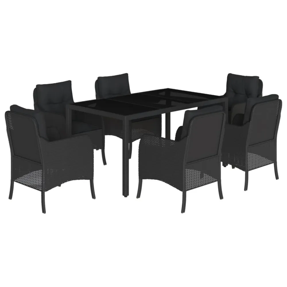 7 pcs conjunto de jantar para jardim com almofadões vime PE preto com Almofada Inclusa