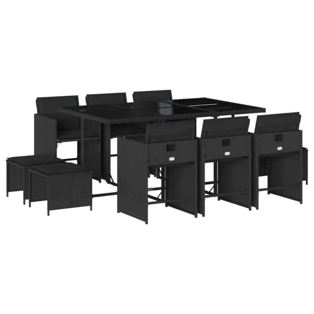 11 pcs conjunto de jantar para jardim com almofadões vime PE preto em Ferro Forjado