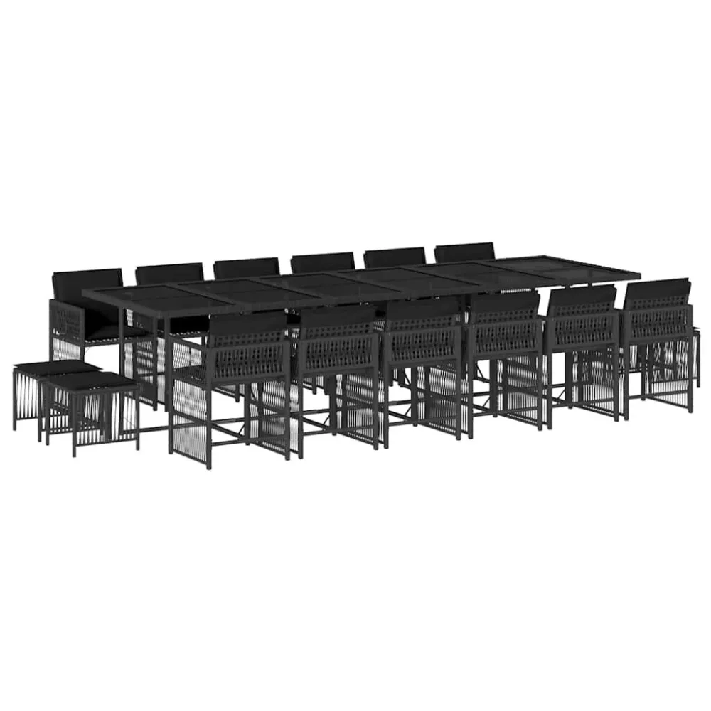 17 pcs conjunto de jantar para jardim com almofadões vime PE preto para Relaxamento ao Ar Livre