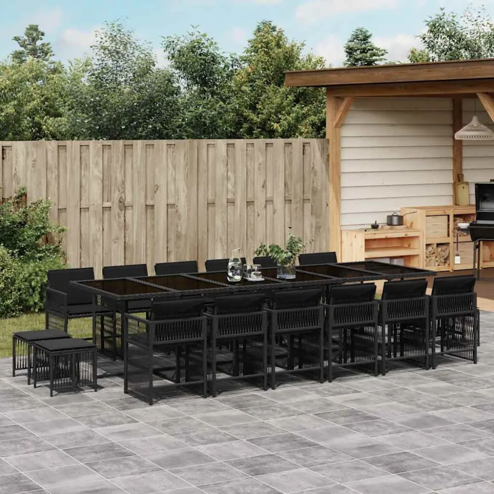 17 pcs conjunto de jantar para jardim com almofadões vime PE preto para Relaxamento ao Ar Livre