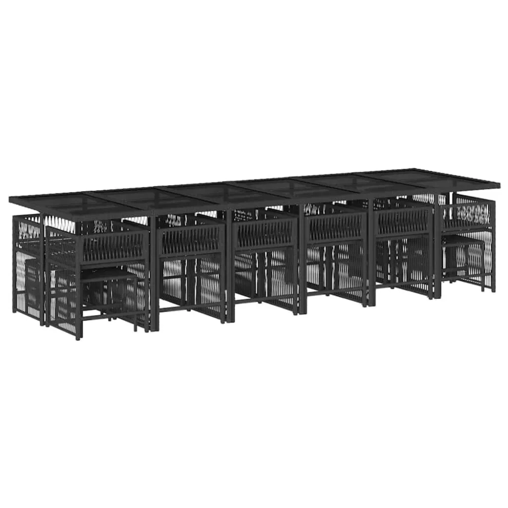 17 pcs conjunto de jantar para jardim com almofadões vime PE preto para Relaxamento ao Ar Livre