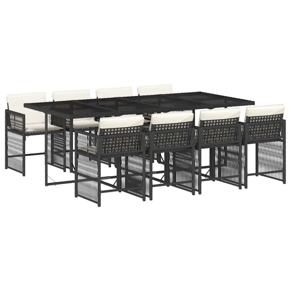 9 pcs conjunto de jantar para jardim com almofadões vime PE preto Fácil de Guardar