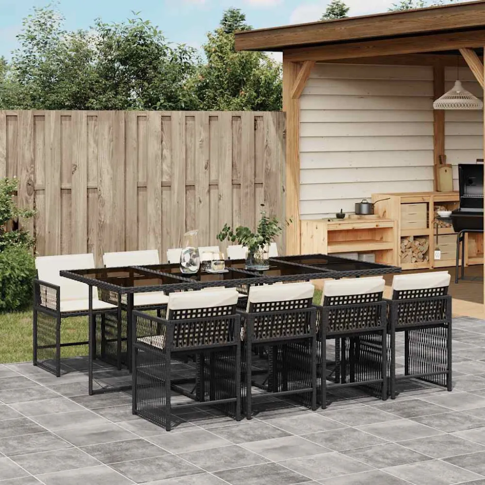 9 pcs conjunto de jantar para jardim com almofadões vime PE preto Fácil de Guardar