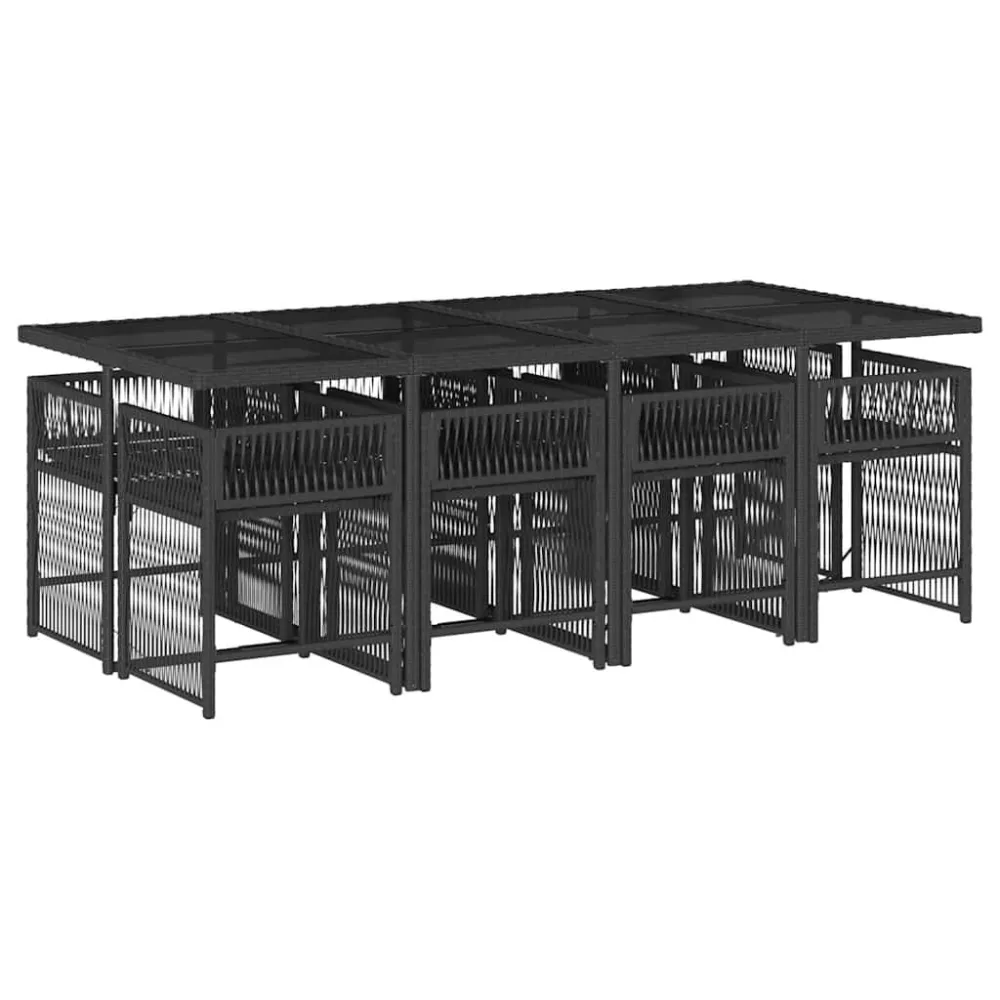 9 pcs conjunto de jantar para jardim com almofadões vime PE preto Fácil de Guardar