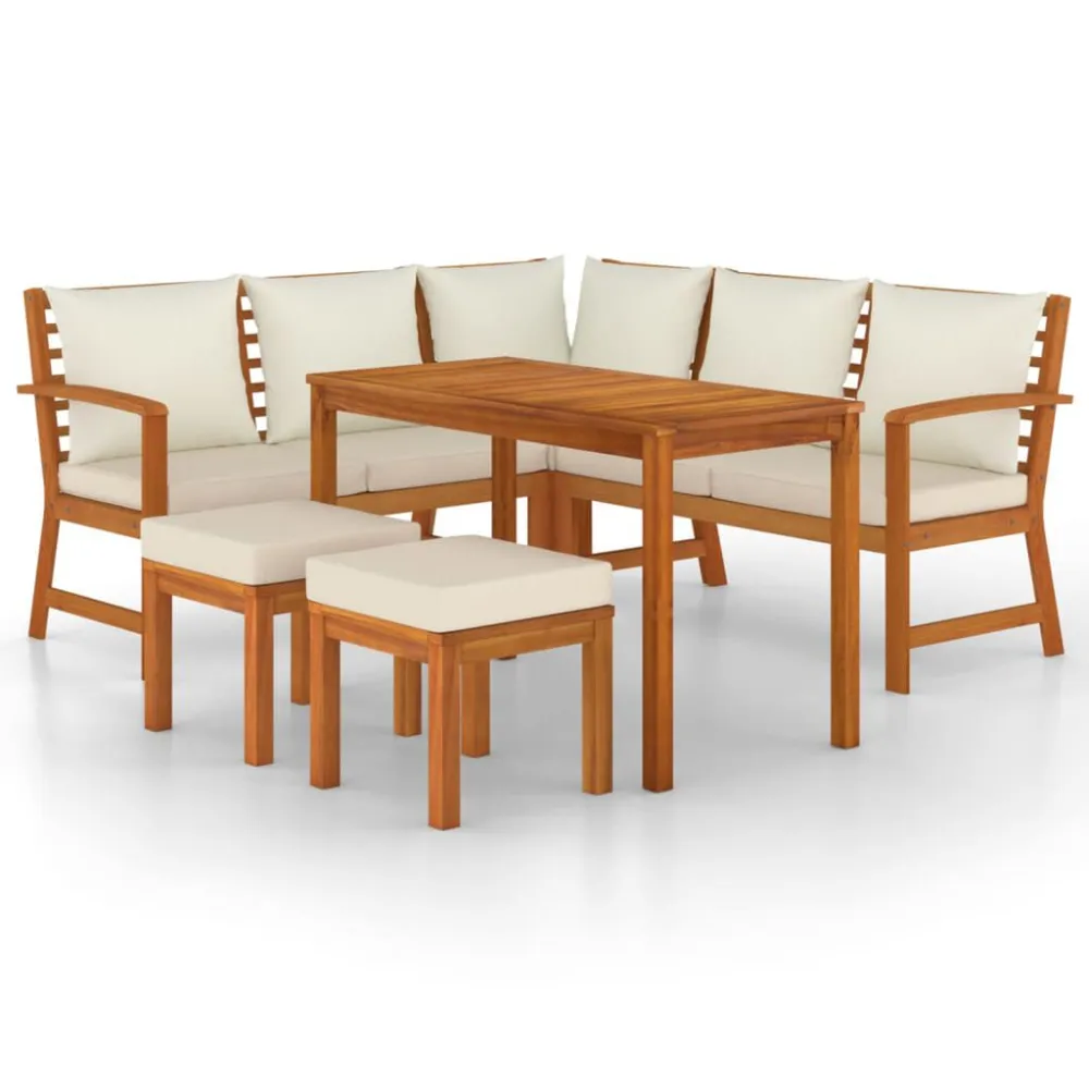 6 pcs conjunto de jantar para jardim com almofadões acácia maciç | Montagem Fácil e Rápida