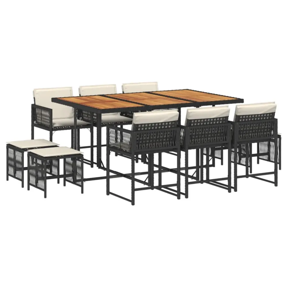 11 pcs conjunto de jantar para jardim com almofadões vime PE preto | Resistente à Chuva | Confortável
