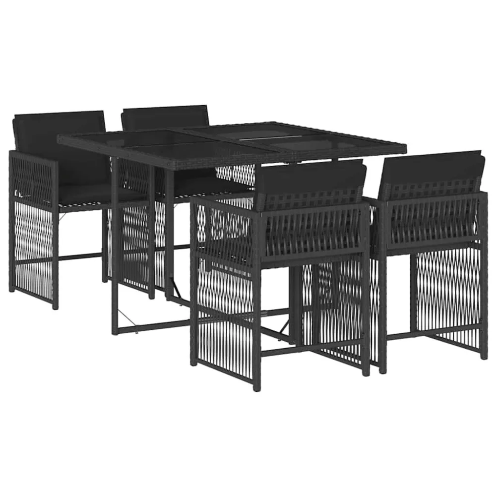 5 pcs conjunto de jantar para jardim com almofadões vime PE preto com Tecido Impermeável UV