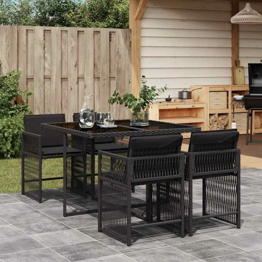 5 pcs conjunto de jantar para jardim com almofadões vime PE preto com Tecido Impermeável UV