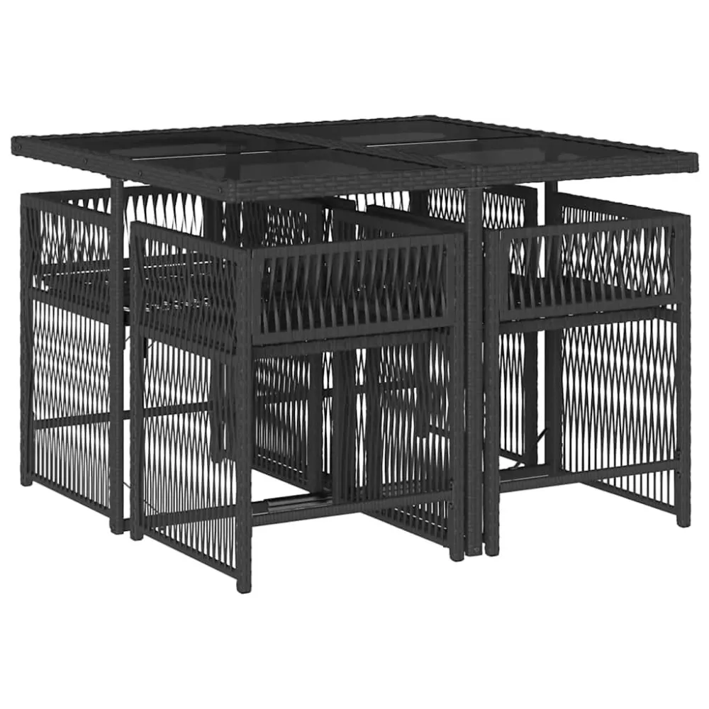 5 pcs conjunto de jantar para jardim com almofadões vime PE preto com Tecido Impermeável UV