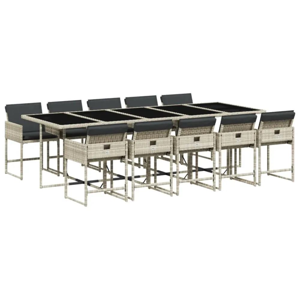 11 pcs conjunto jantar para jardim com almofadões vime PE cinzento com Almofada Inclusa