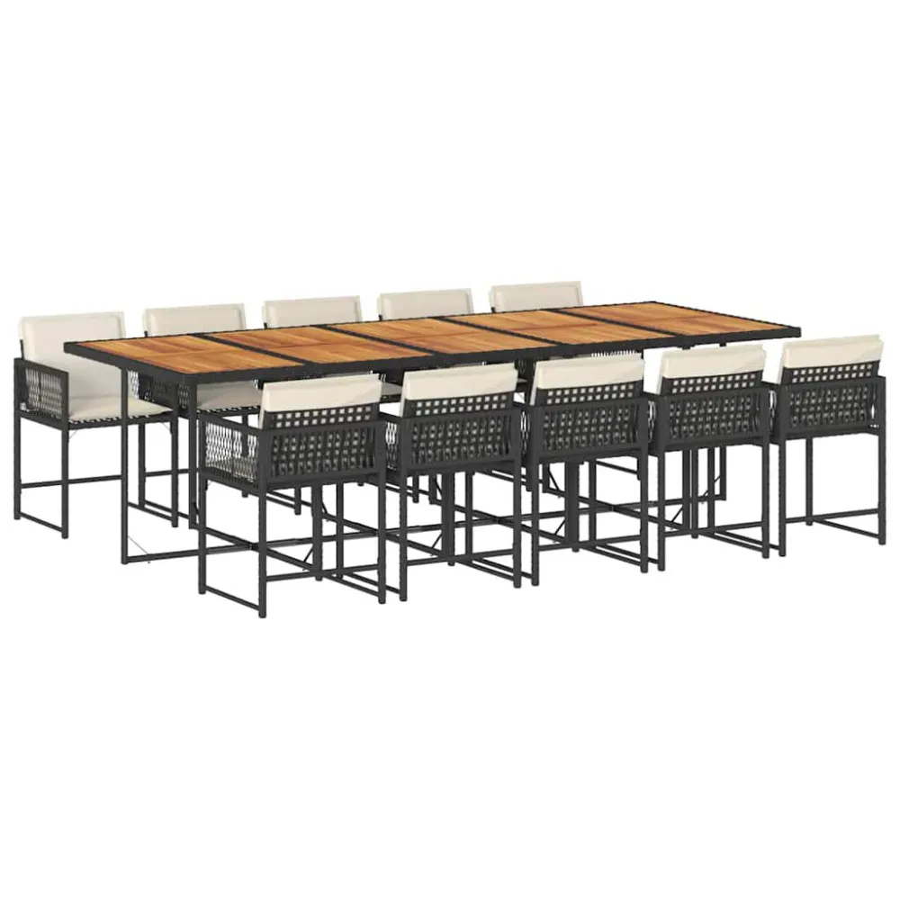 11 pcs conjunto de jantar para jardim com almofadões vime PE preto com Tecido Impermeável UV