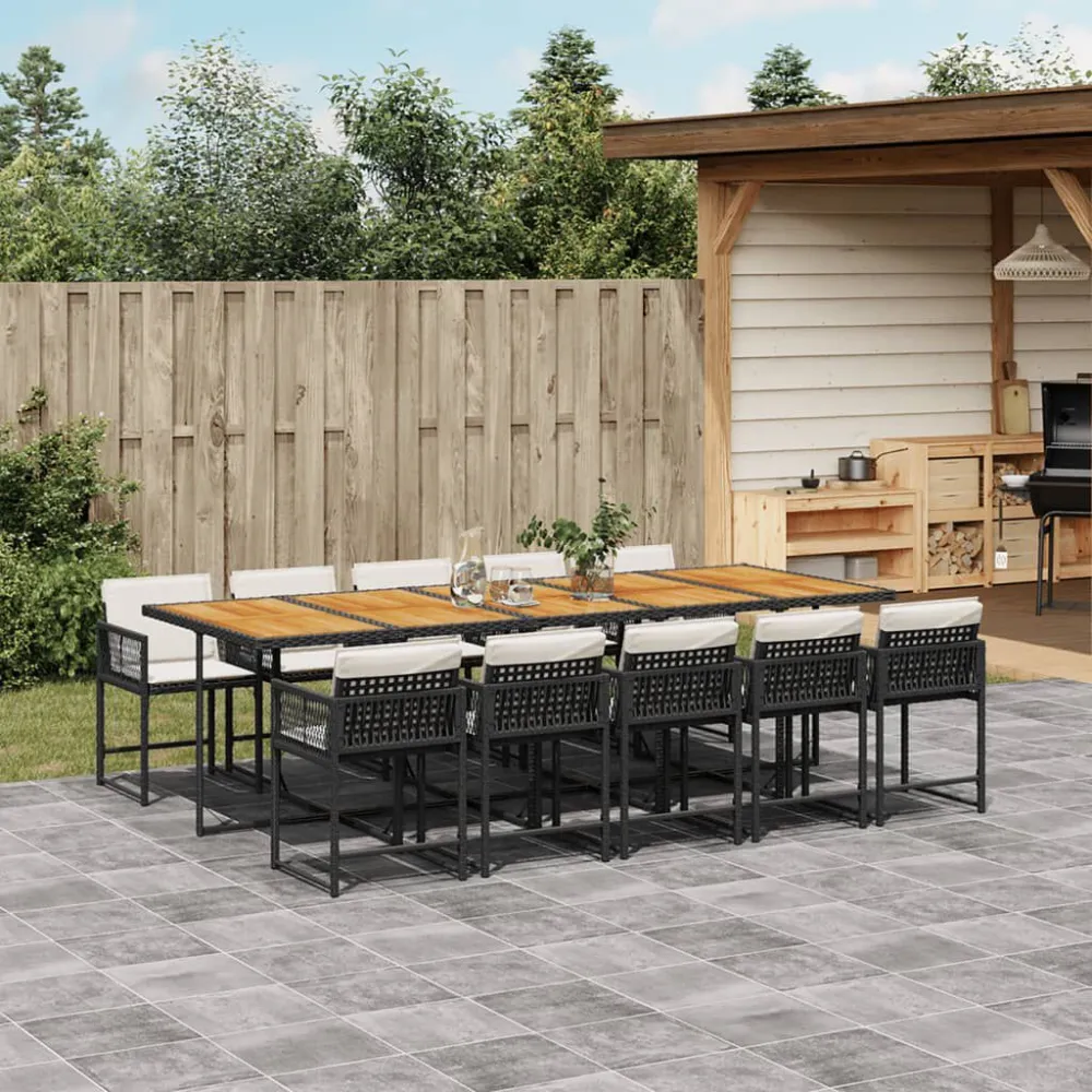 11 pcs conjunto de jantar para jardim com almofadões vime PE preto com Tecido Impermeável UV