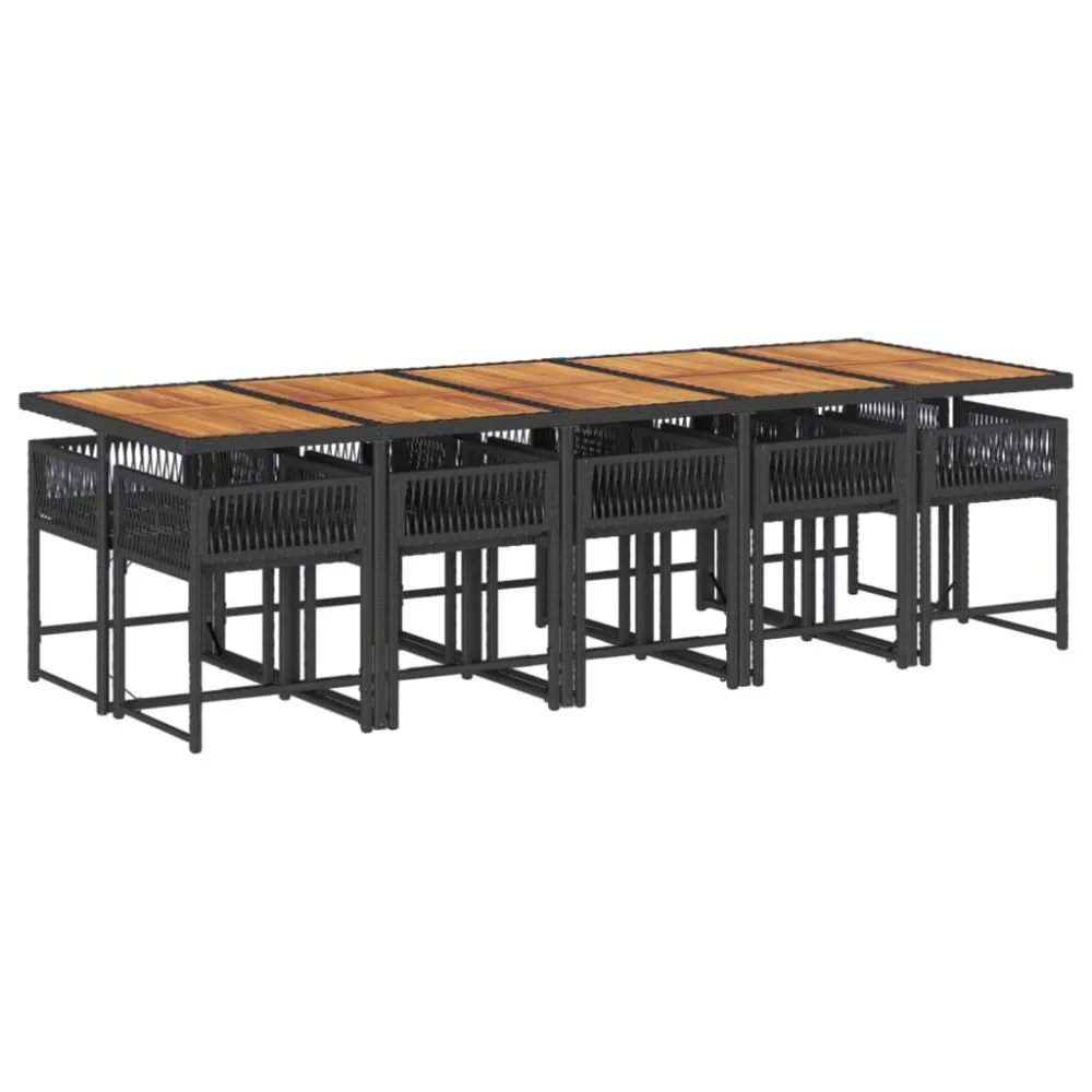 11 pcs conjunto de jantar para jardim com almofadões vime PE preto com Tecido Impermeável UV
