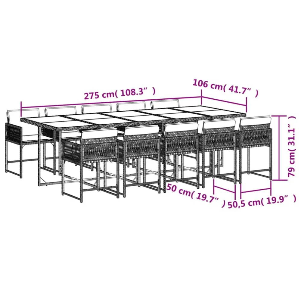 11 pcs conjunto de jantar para jardim com almofadões vime PE preto com Tecido Impermeável UV
