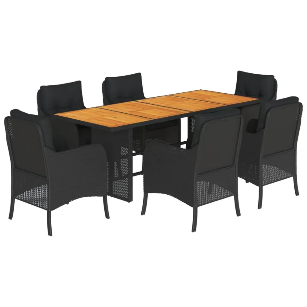 7 pcs conjunto de jantar para jardim com almofadões vime PE preto com Revestimento em Textilene