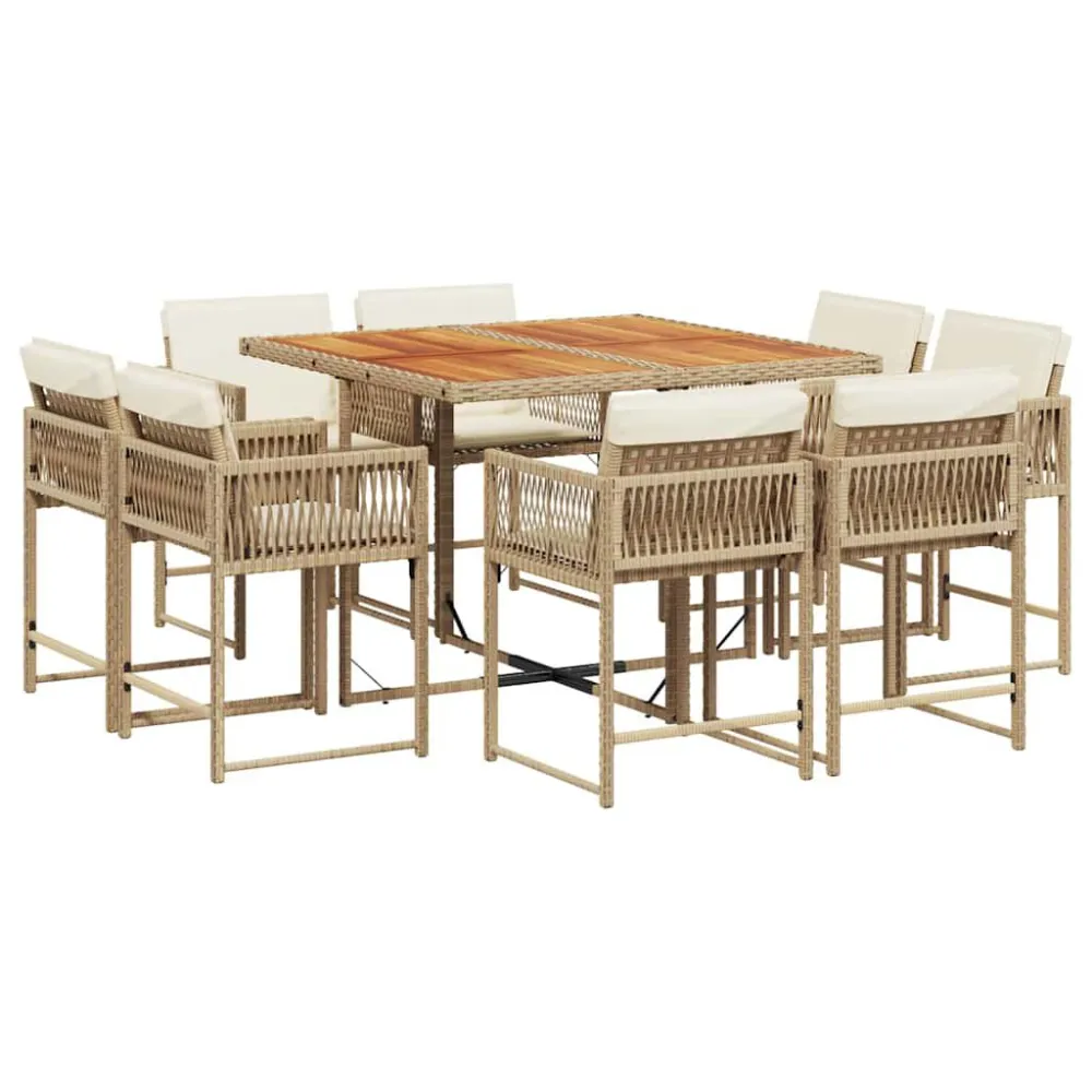 9 pcs conjunto de jantar para jardim com almofadões vime PE bege para Piscina e Jardim